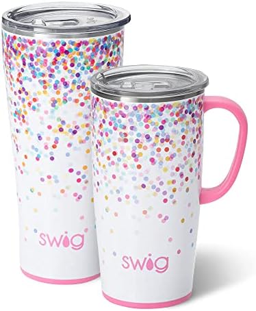Swig Life Confetti XL סט | ספל נסיעות 22oz עם ידית ומכסה + 32oz כוס מבודד משולש עם מכסה | נירוסטה,